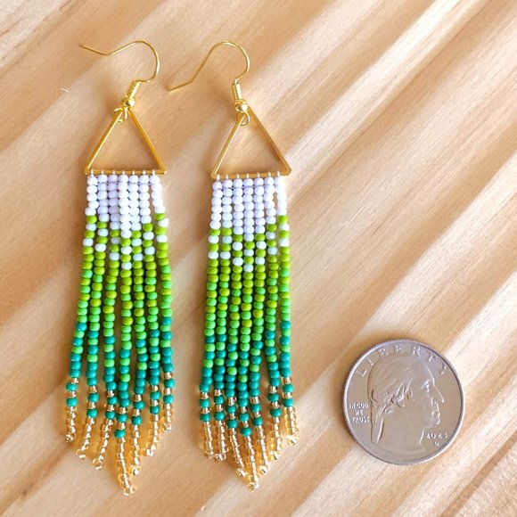 Gradient Colors Gold Triangle Body Hand Beaded Seed Bead Tassel Dangle Earrings - Picture 11 of 15